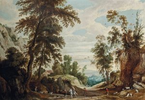 Paysage boisé avec un cavalier et des bergers avec leur troupeau sur un chemin, un château au loin - Jan Wildens